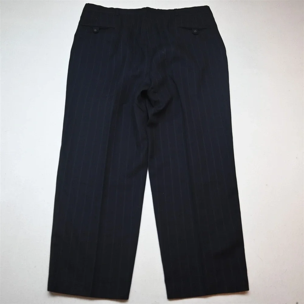 Vtg USA Made Double Breasted 44R 38x30 Navy Blue Striped Wool Jacket Pants Suit